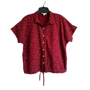 Calligraphie Womens Red Floral Cotton Button Down Drawstring Hem Shirt Large